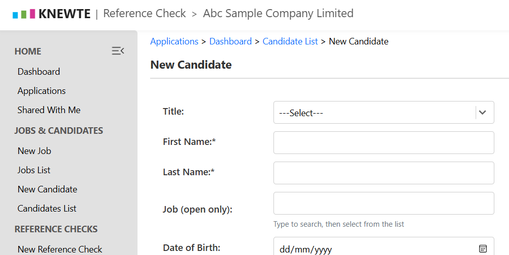 Add new candidate screen in KNEWTE Reference Check