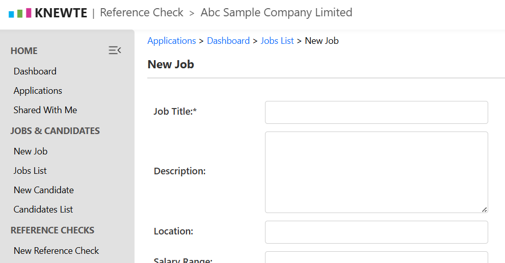 Create new job screen in KNEWTE Reference Check