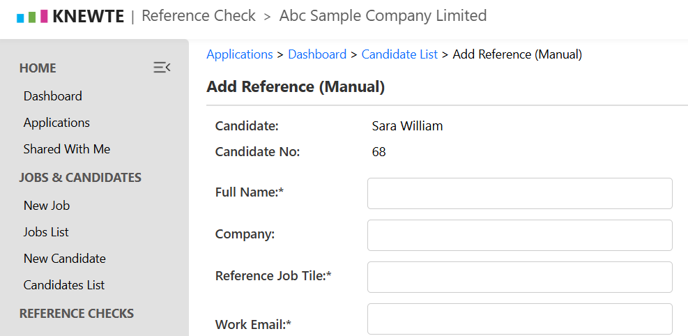 Add referee manually screen in KNEWTE Reference Check