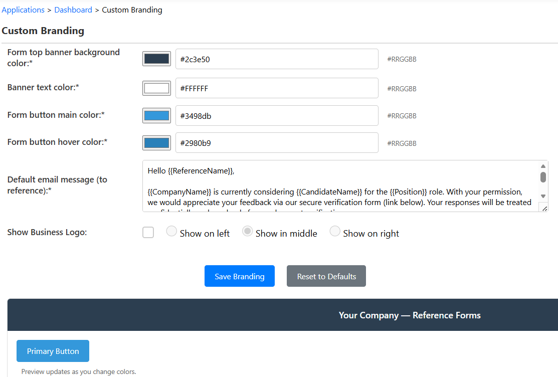 Branding and theme settings screen in KNEWTE Reference Check