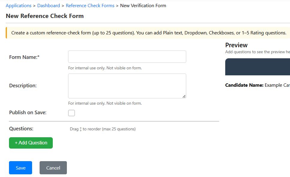 Create custom reference check forms screen in KNEWTE Reference Check