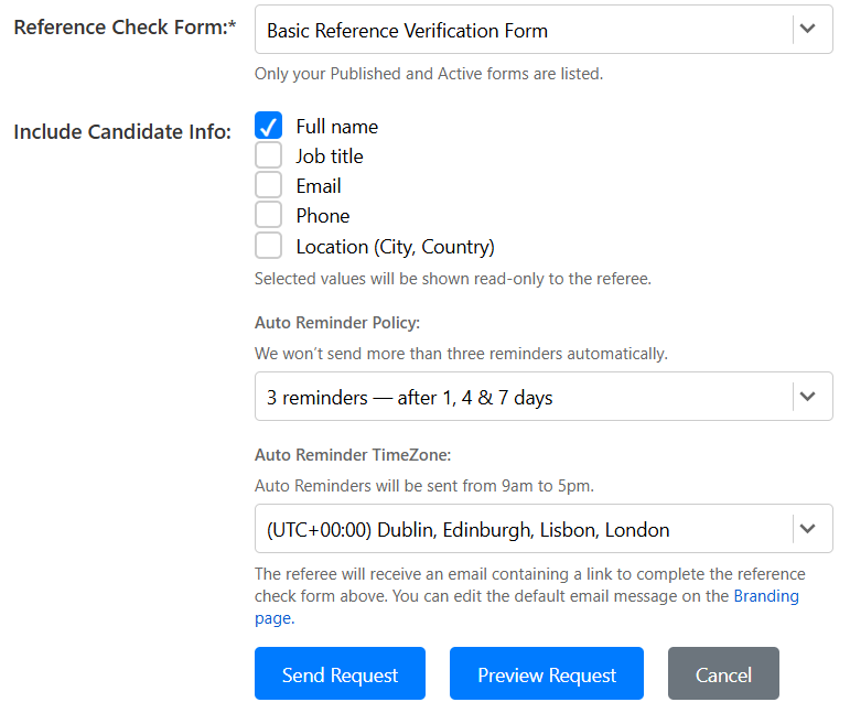 Send reference check with auto reminders screen in KNEWTE Reference Check