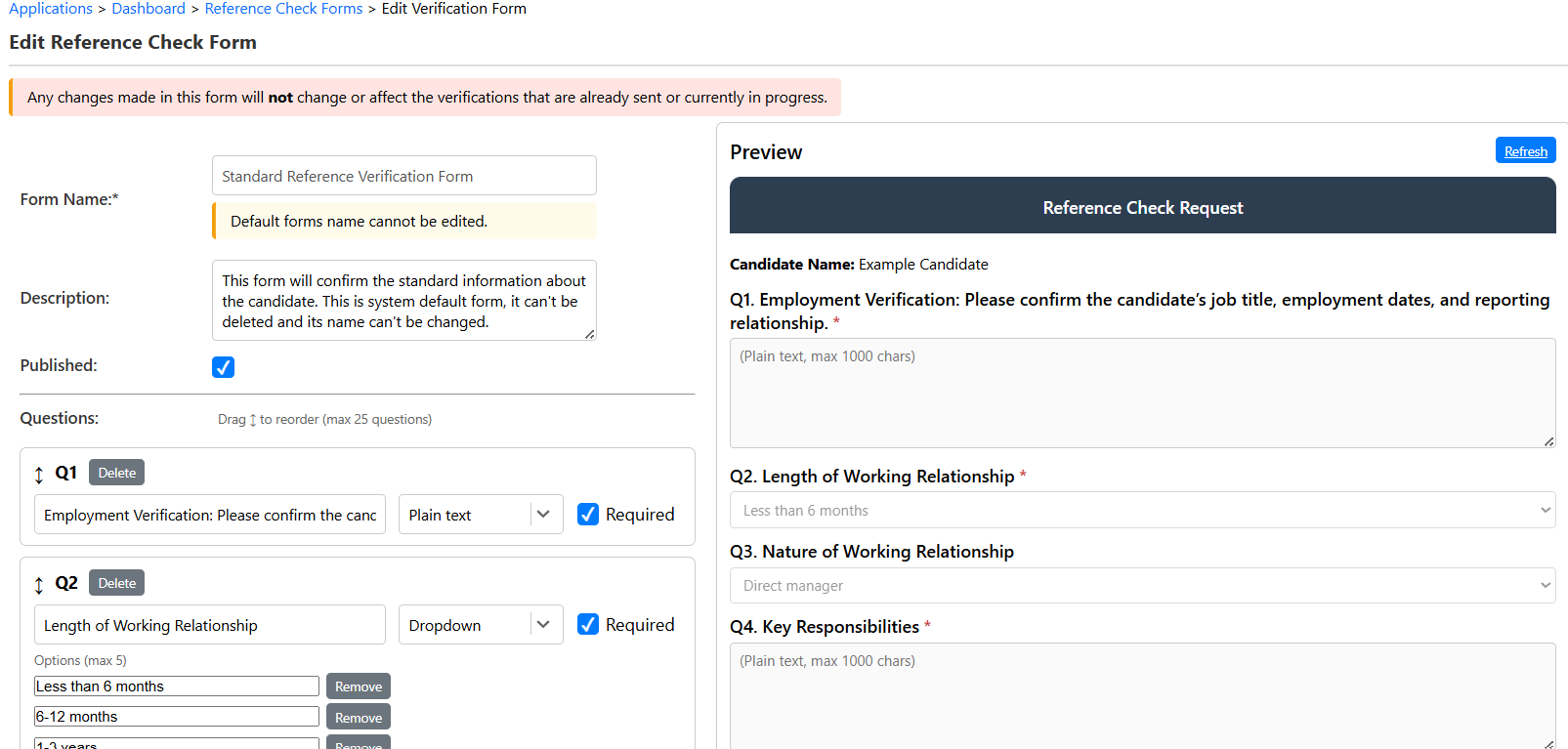 Default reference check forms screen in KNEWTE Reference Check