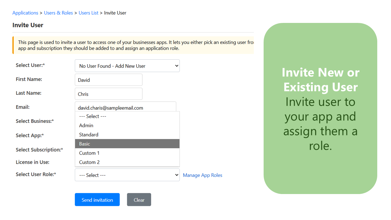 Invite users to applications and assign roles